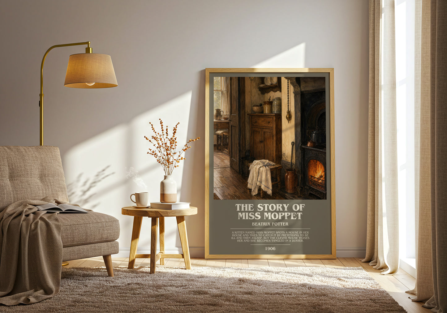 The Story Of Miss Moppet bookish print on bookshelf – Beatrix Potter fan gift