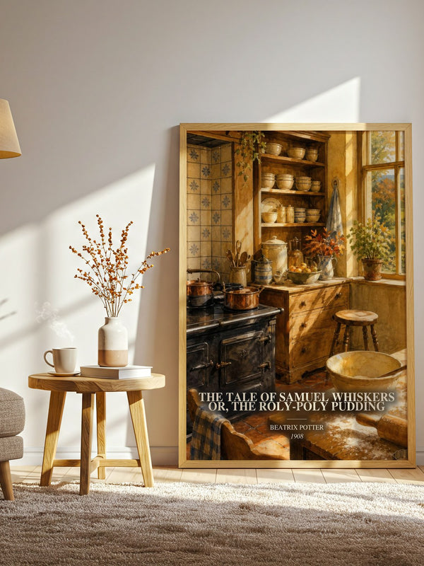 The Tale Of Samuel Whiskers Or, The Roly-Poly Pudding watercolour print in frame leaning in hallway – childrens wall art