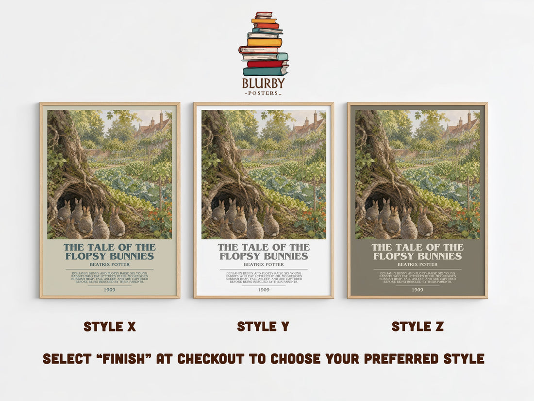 The Tale Of The Flopsy Bunnies bookish print in frame leaning in hallway – childrens wall art (mockup)
