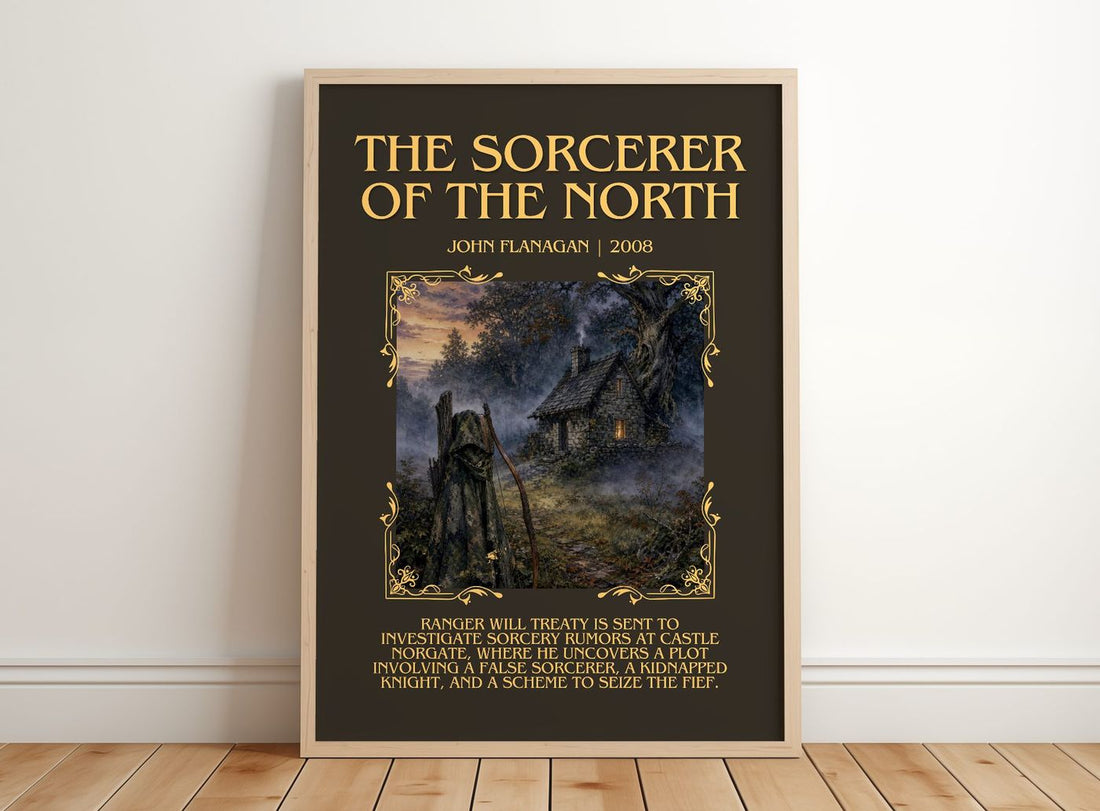 The Sorcerer of the North Minimalist Book Poster by John Flanagan – framed print leaning on a wooden floor
