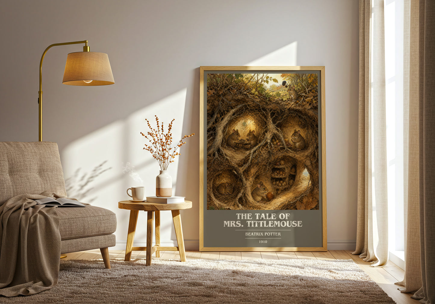 The Tale Of Mrs. Tittlemouse book cover print on bookshelf – Beatrix Potter fan gift