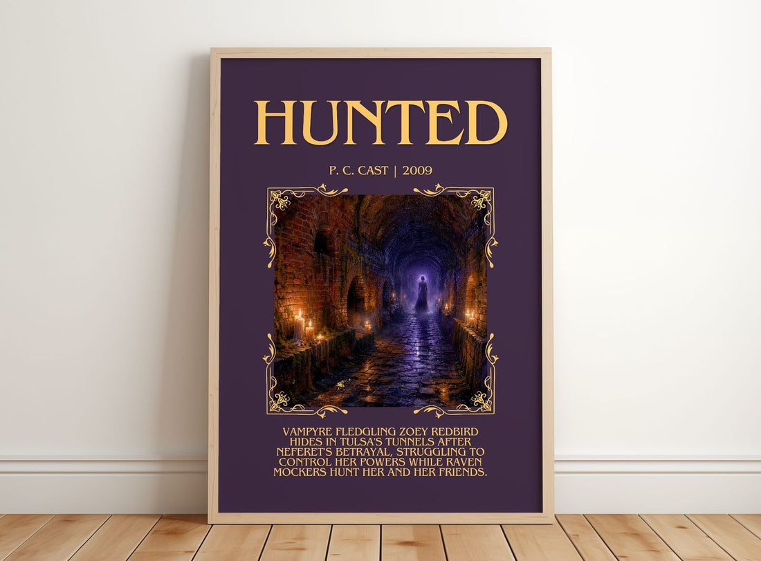 Hunted Minimalist Book Poster by P. C. Cast – framed print leaning on a wooden floor