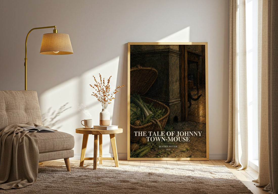 The Tale Of Johnny Town-Mouse watercolour print in frame leaning in hallway – childrens wall art (mockup)