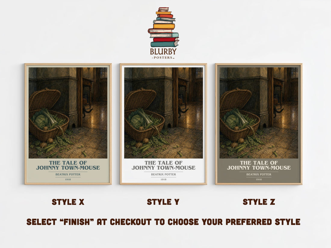 The Tale Of Johnny Town-Mouse book cover print in frame leaning in hallway – childrens wall art (mockup)