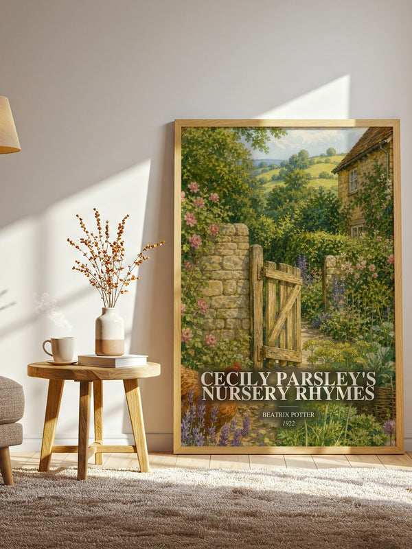 Cecily Parsley'S Nursery Rhymes watercolour print in frame leaning in hallway – childrens wall art