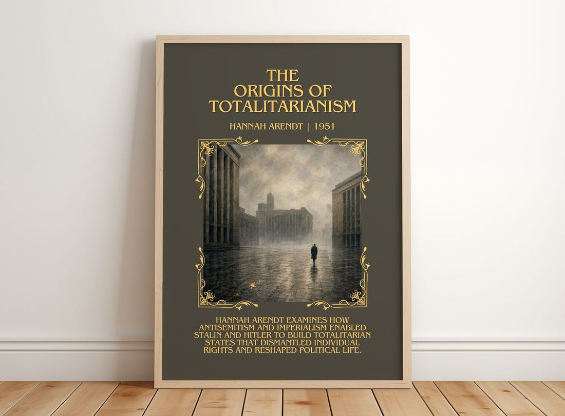 The Origins of Totalitarianism Minimalist Book Poster by Hannah Arendt – framed print leaning on a wooden floor
