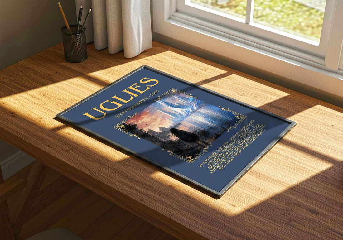 Uglies Minimalist Book Poster by Scott Westerfeld – print on a sunlit desk