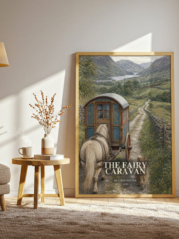 The Fairy Caravan watercolour print in frame leaning in hallway – childrens wall art