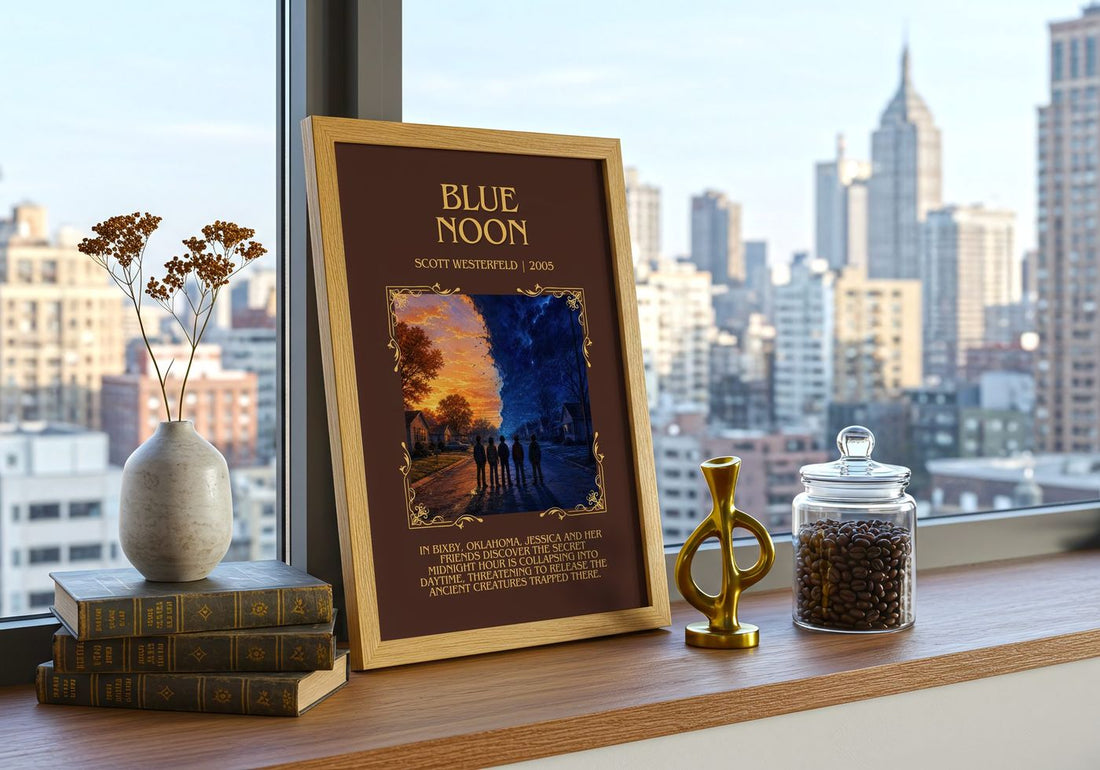 Blue Noon Minimalist Book Poster by Scott Westerfeld – framed print on a city-view windowsill