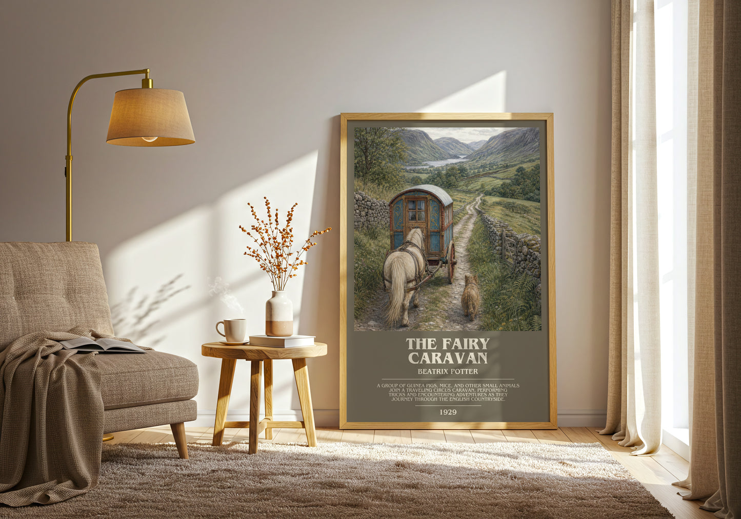 The Fairy Caravan bookish print on bookshelf – Beatrix Potter fan gift