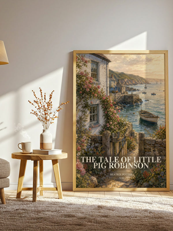 The Tale Of Little Pig Robinson watercolour print in frame leaning in hallway – childrens wall art