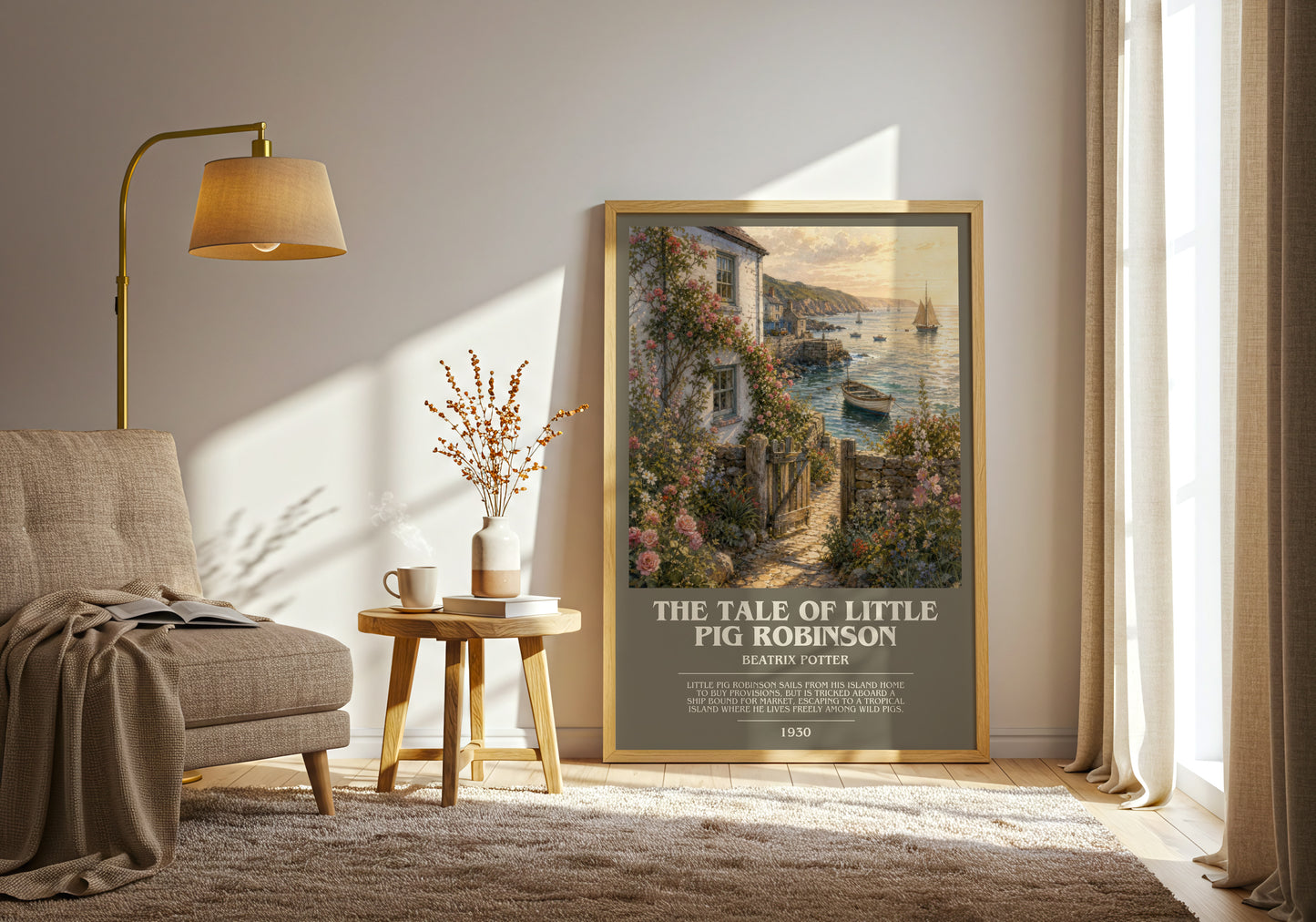 The Tale Of Little Pig Robinson bookish print on bookshelf – Beatrix Potter fan gift