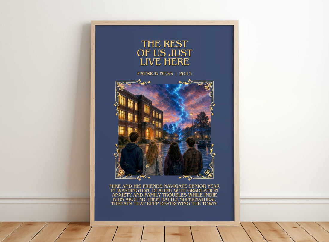 The rest of us just live here Minimalist Book Poster by Patrick Ness – framed print leaning on a wooden floor