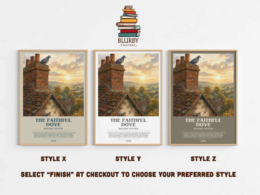 The Faithful Dove bookish print in frame leaning in hallway – childrens wall art (mockup)