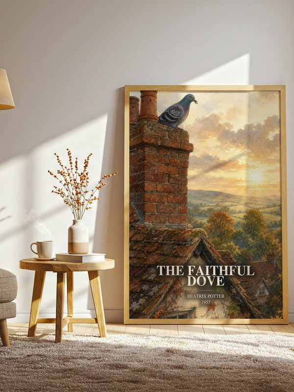 The Faithful Dove watercolour print in frame leaning in hallway – childrens wall art