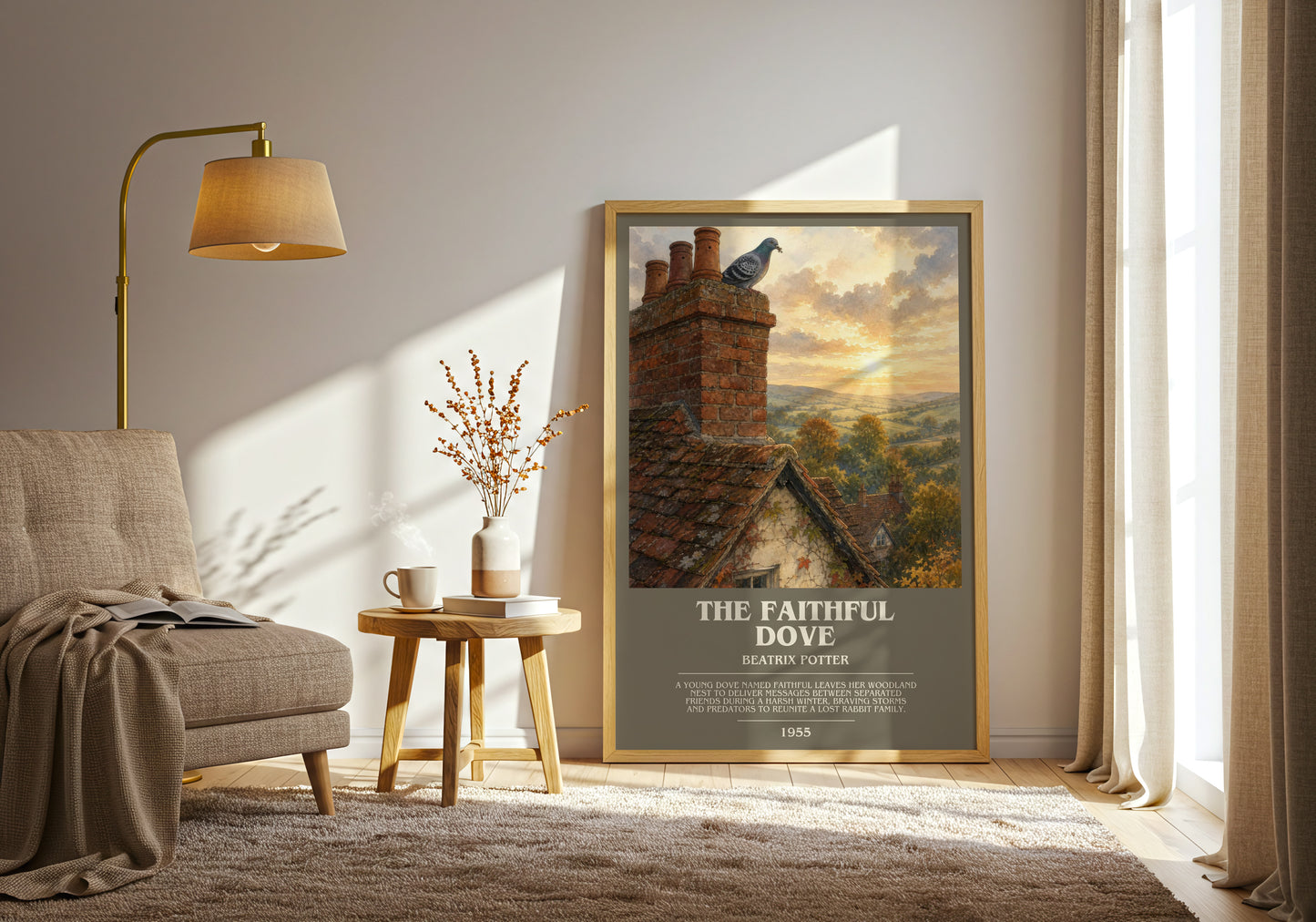 The Faithful Dove bookish print on bookshelf – Beatrix Potter fan gift