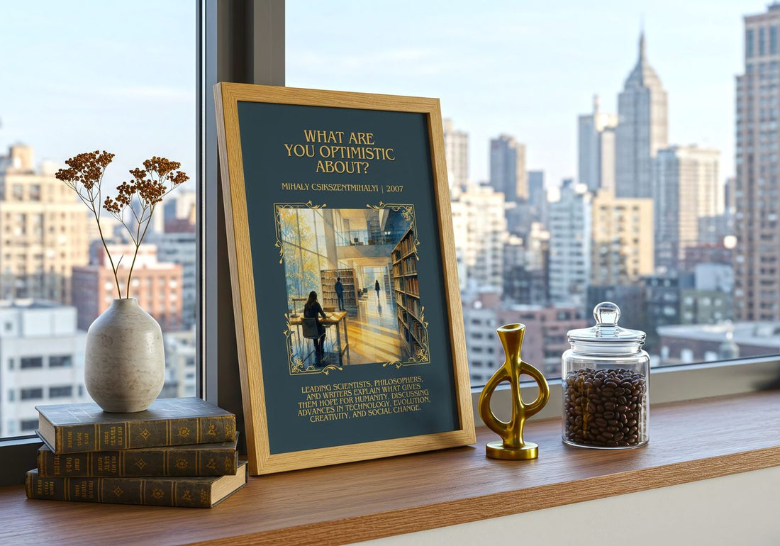 What Are You Optimistic About? Minimalist Book Poster – framed print on a city-view windowsill