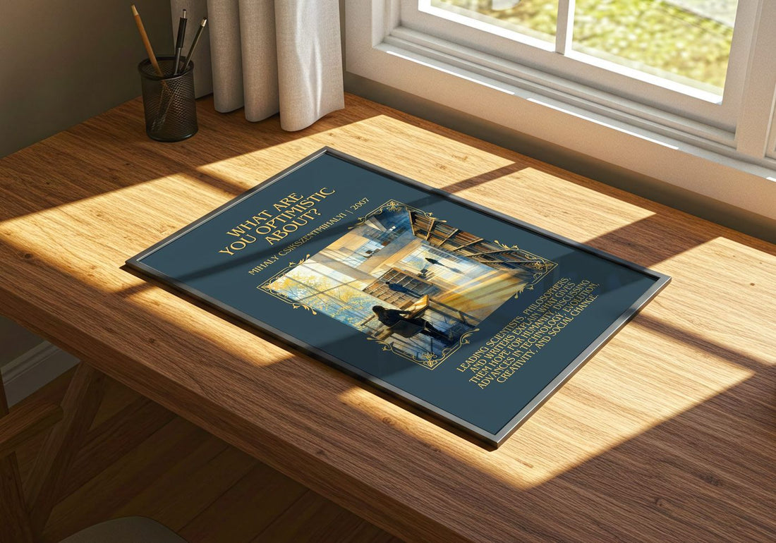 What Are You Optimistic About? Minimalist Book Poster – print on a sunlit desk
