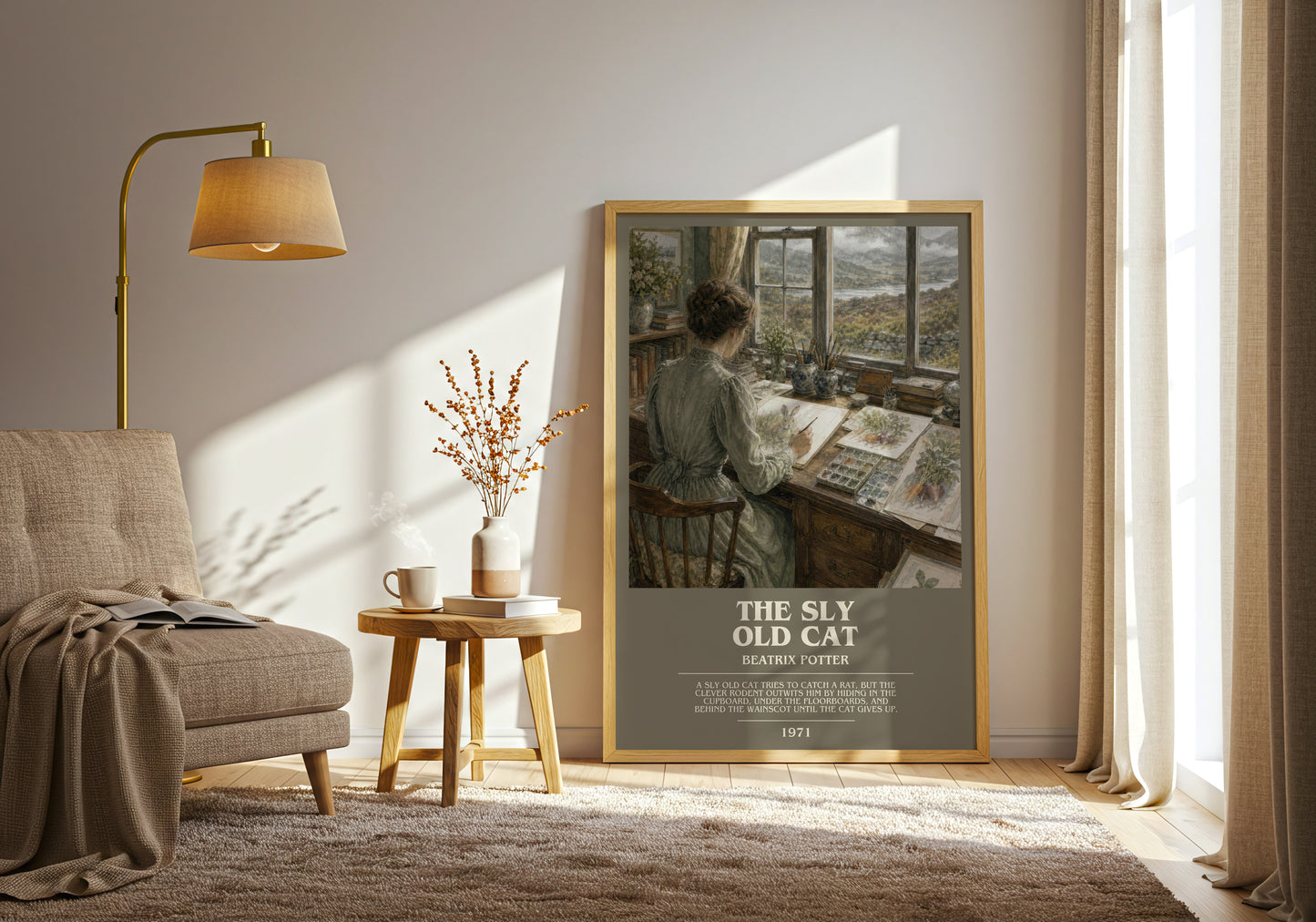 The Sly Old Cat bookish print on bookshelf – Beatrix Potter fan gift