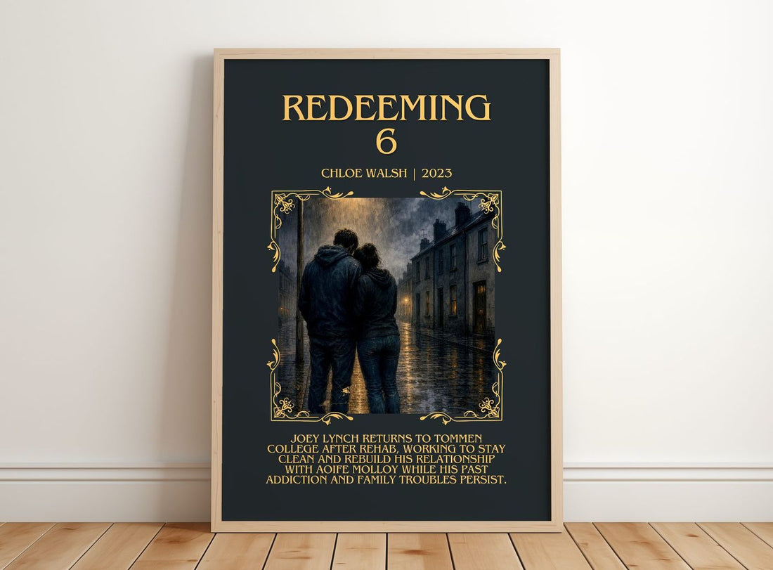 Redeeming 6 Minimalist Book Poster by Chloe Walsh – framed print leaning on a wooden floor