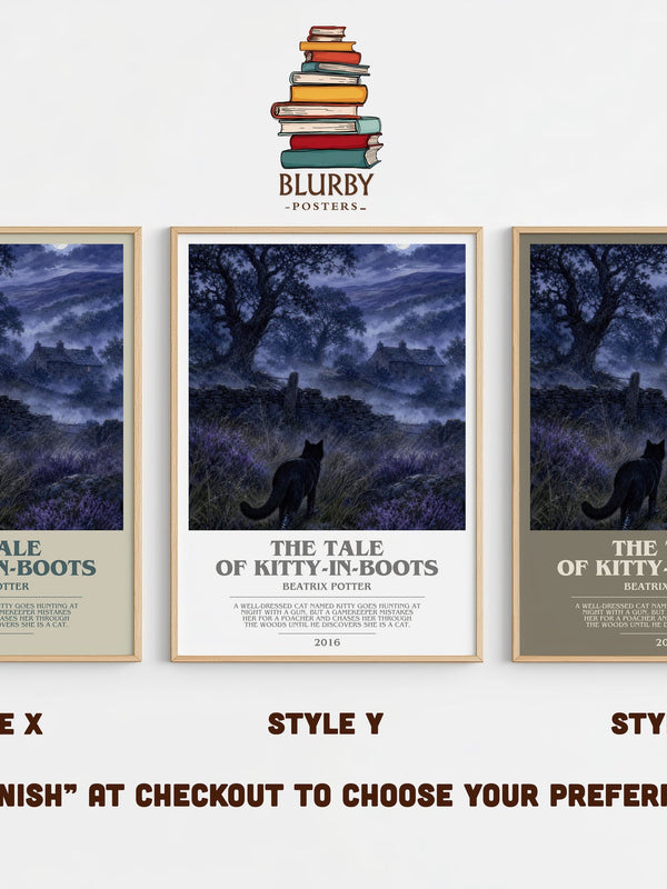 The Tale Of Kitty-In-Boots bookish print in frame leaning in hallway – childrens wall art