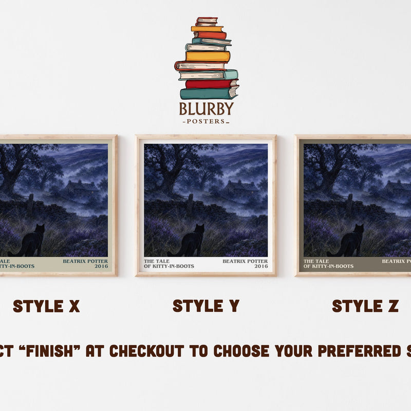The Tale Of Kitty-In-Boots literary print in frame leaning in hallway – childrens wall art