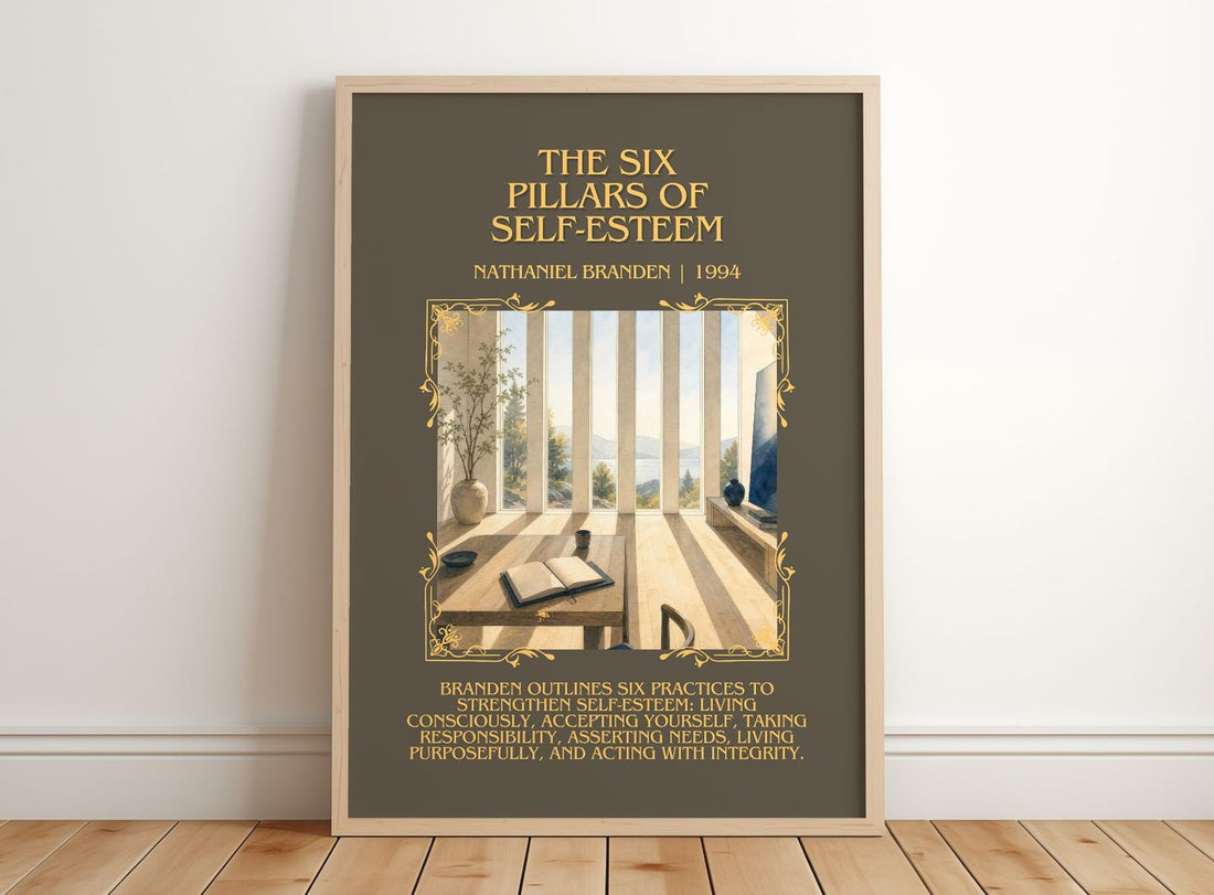 six pillars of self-esteem Minimalist Book Poster by Nathaniel Branden – framed print leaning on a wooden floor
