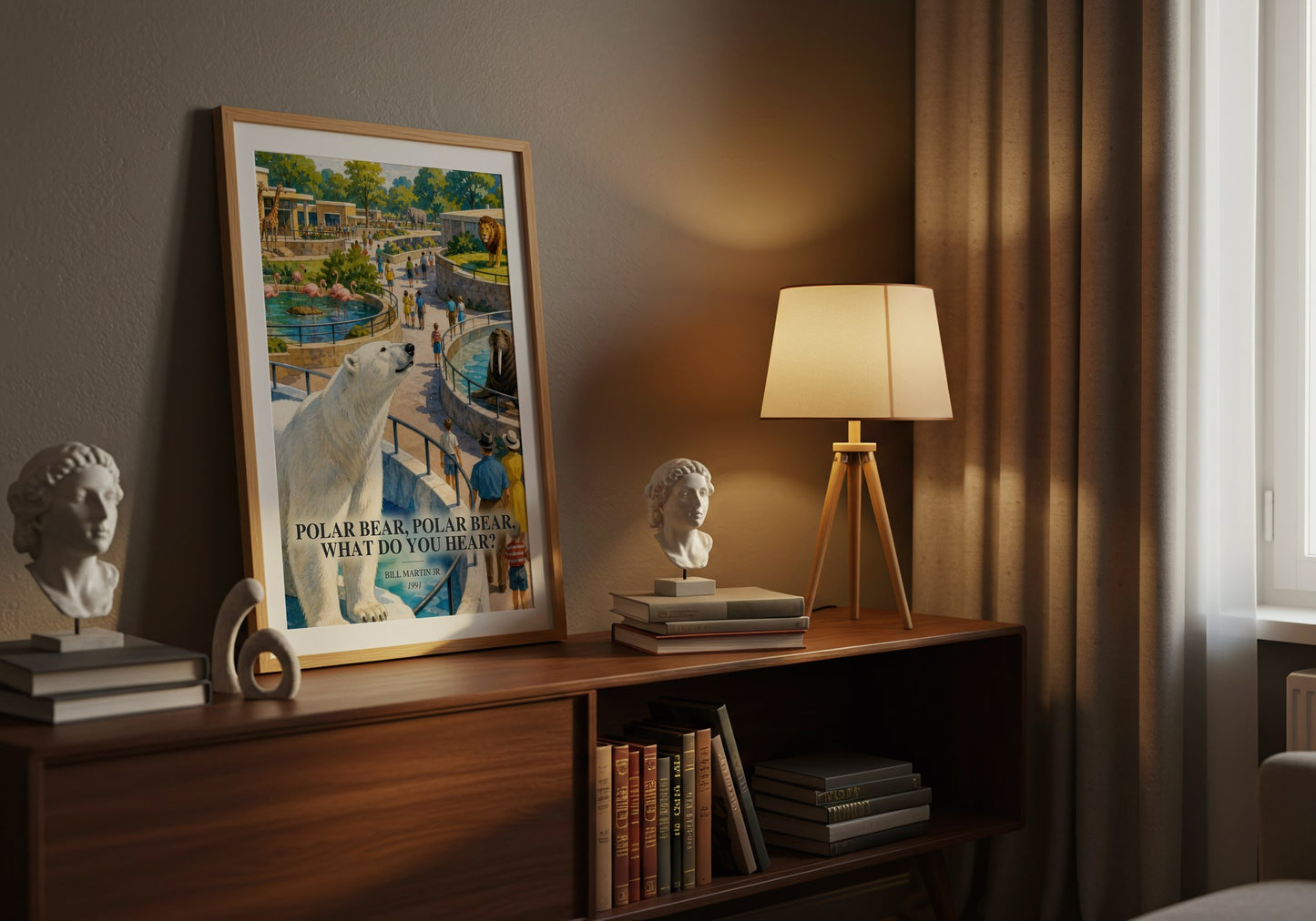 Polar Bear, Polar Bear, What Do You Hear? watercolour print on bookshelf – Bill Martin Jr. fan gift