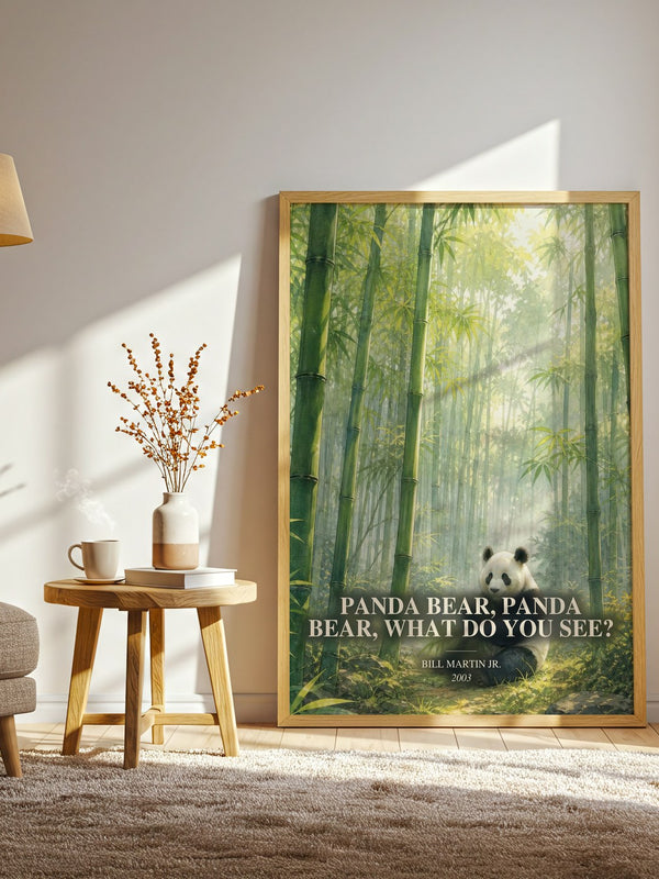 Panda Bear, Panda Bear, What Do You See? watercolour print in frame leaning in hallway – childrens wall art