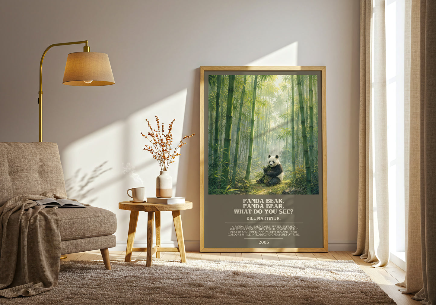 Panda Bear, Panda Bear, What Do You See? bookish print on bookshelf – Bill Martin Jr. fan gift