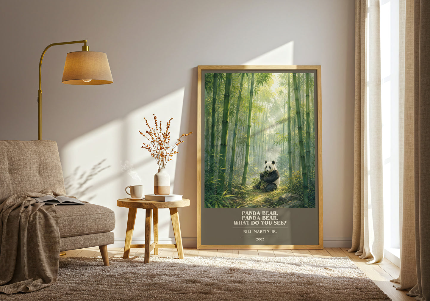 Panda Bear, Panda Bear, What Do You See? book cover print on bookshelf – Bill Martin Jr. fan gift