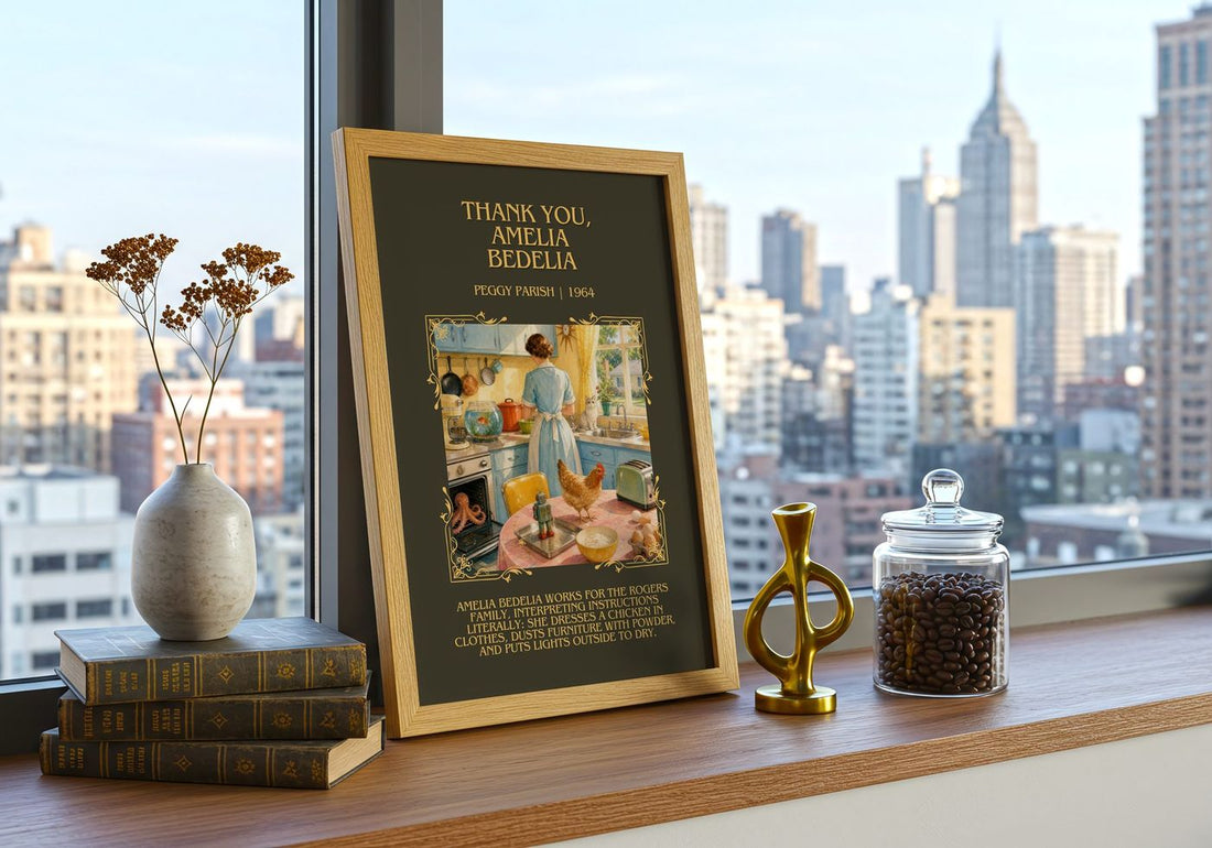 Thank You, Amelia Bedelia Minimalist Book Poster by Peggy Parish – framed print on a city-view windowsill
