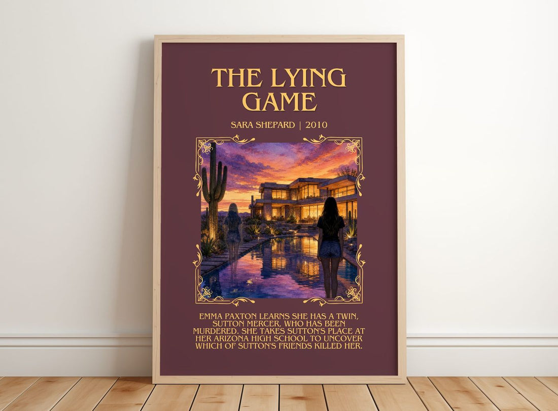 The Lying Game Minimalist Book Poster by Sara Shepard – framed print leaning on a wooden floor