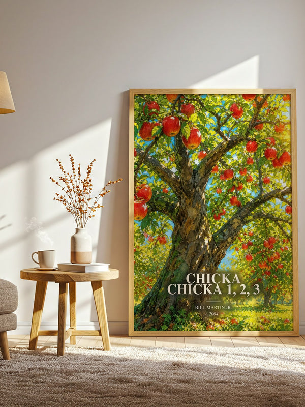 Chicka Chicka 1, 2, 3 watercolour print in frame leaning in hallway – childrens wall art