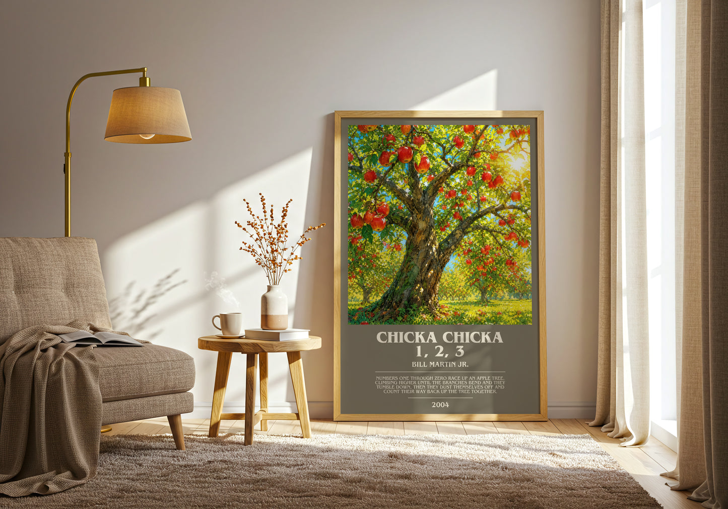 Chicka Chicka 1, 2, 3 bookish print on bookshelf – Bill Martin Jr. fan gift