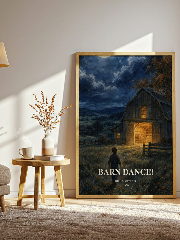 Barn Dance! watercolour print in frame leaning in hallway – childrens wall art