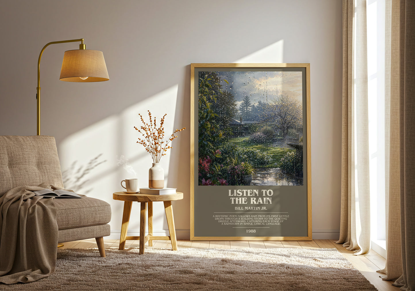 Listen To The Rain bookish print on bookshelf – Bill Martin Jr. fan gift