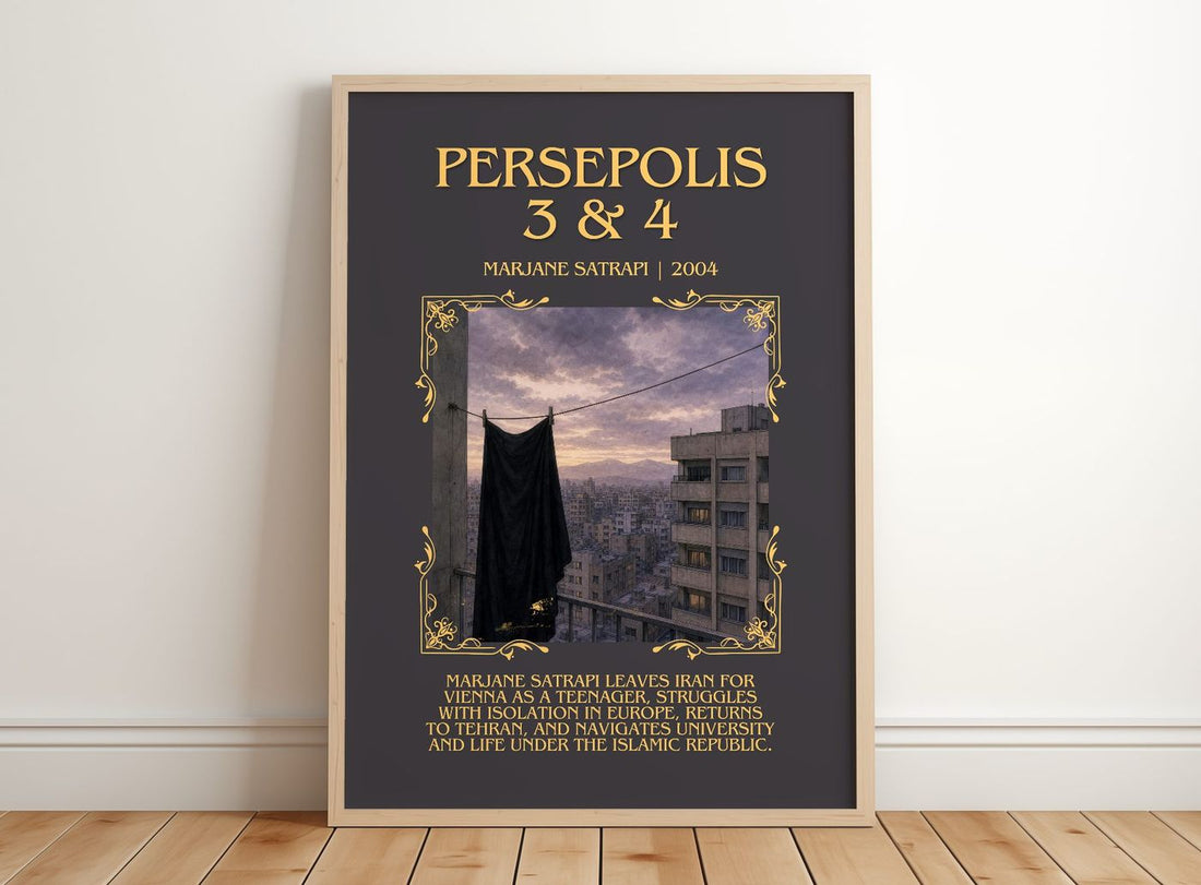 Persepolis 3 & 4 Minimalist Book Poster by Marjane Satrapi – framed print leaning on a wooden floor