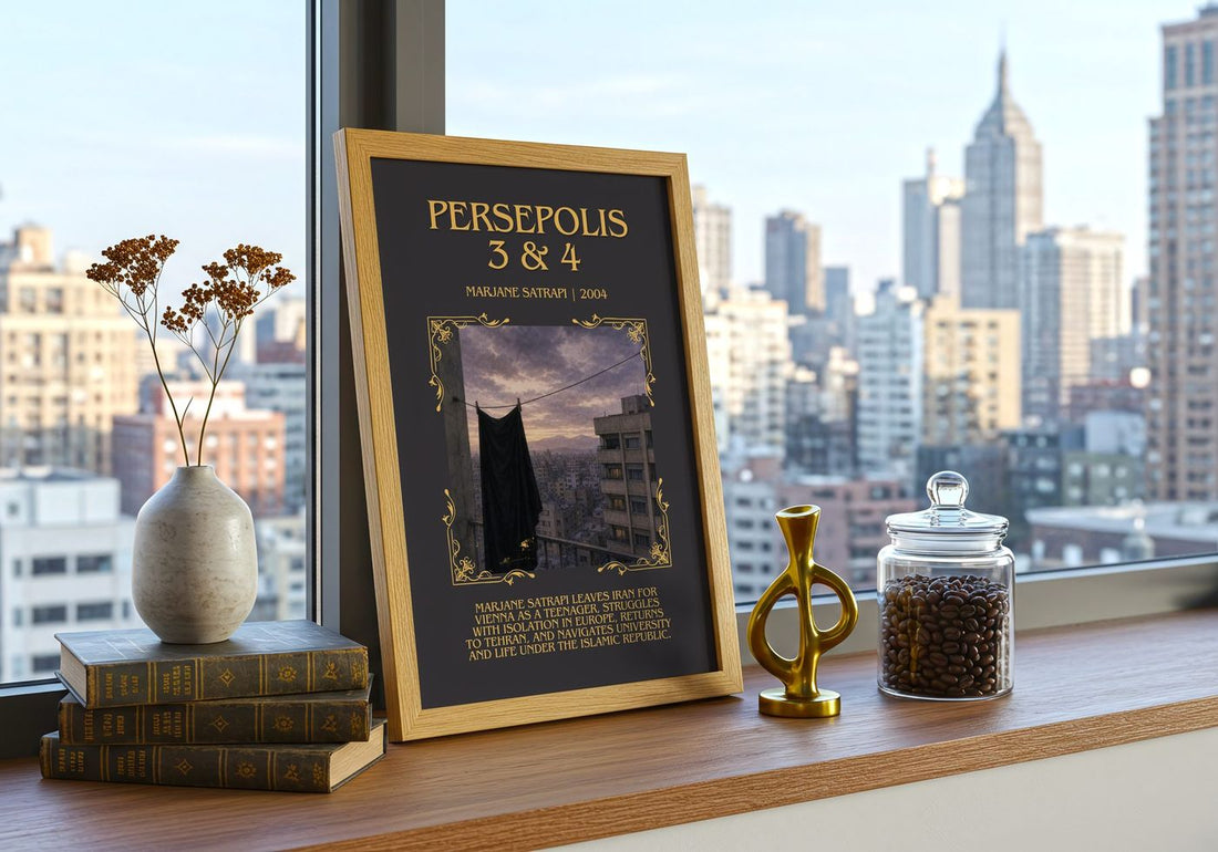 Persepolis 3 & 4 Minimalist Book Poster by Marjane Satrapi – framed print on a city-view windowsill