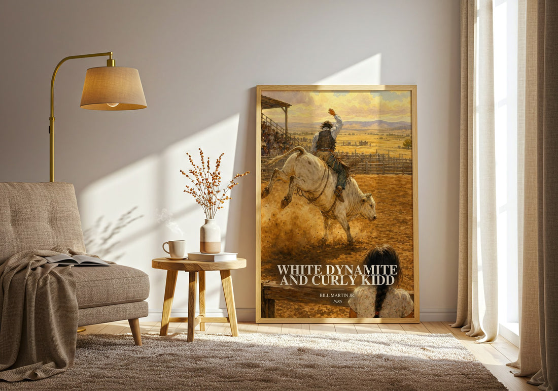 White Dynamite And Curly Kidd watercolour print in frame leaning in hallway – childrens wall art (mockup)