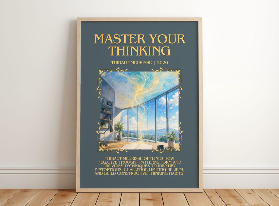 Master Your Thinking Minimalist Book Poster by Thibaut Meurisse – framed print leaning on a wooden floor