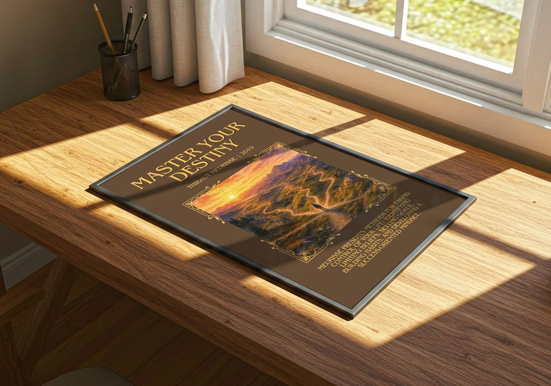 Master Your Destiny Minimalist Book Poster by Thibaut Meurisse – print on a sunlit desk