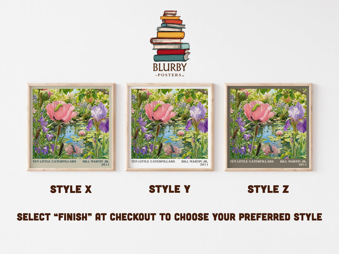 Ten Little Caterpillars literary print in frame leaning in hallway – childrens wall art (mockup)