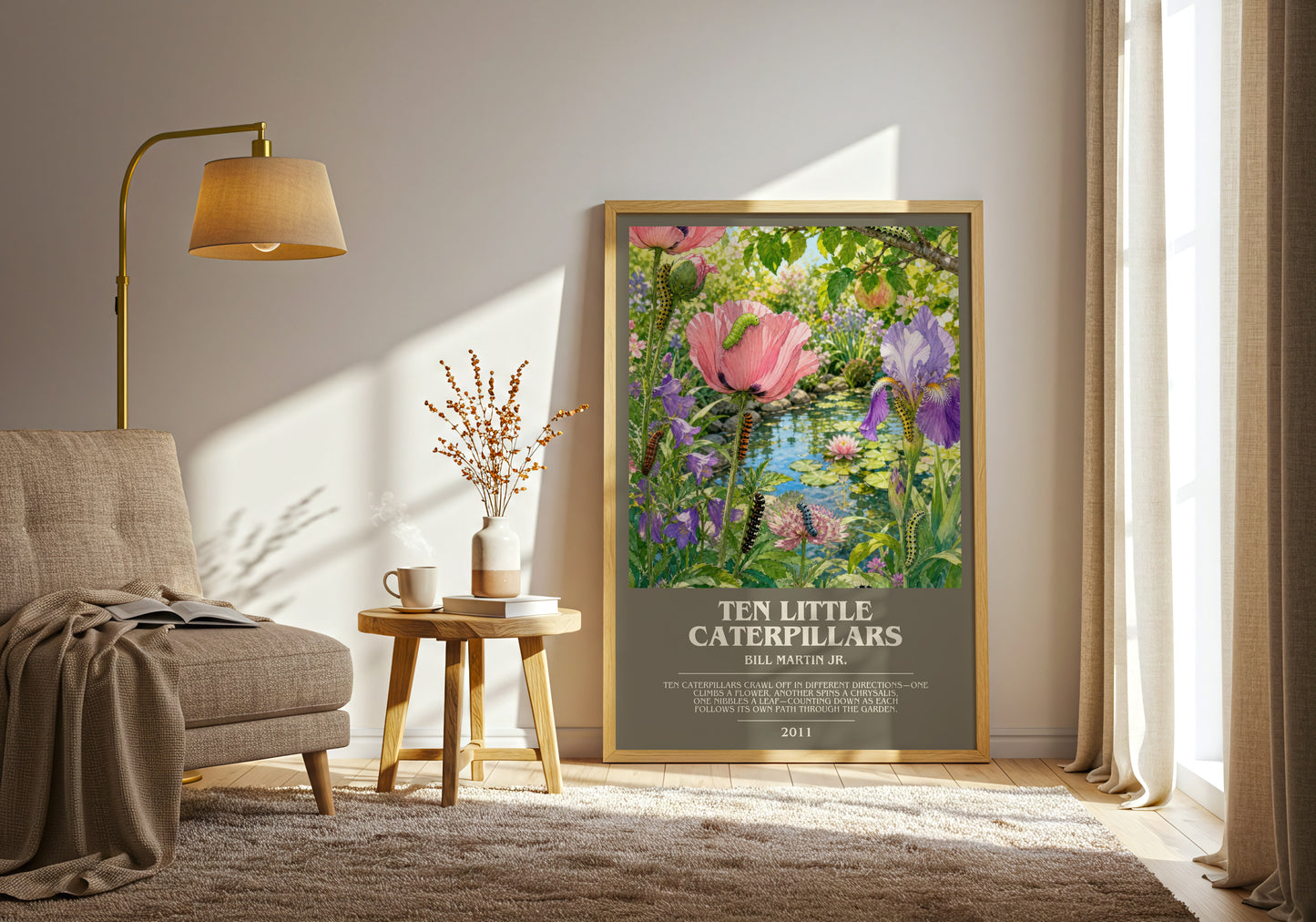 Ten Little Caterpillars bookish print on bookshelf – Bill Martin Jr. fan gift