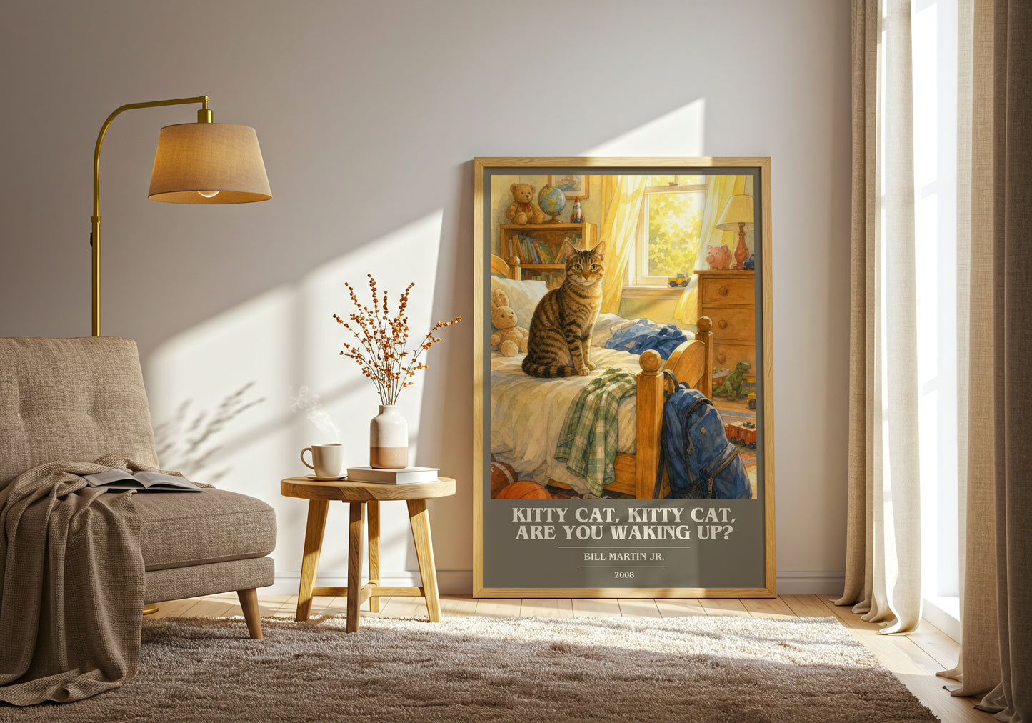 Kitty Cat, Kitty Cat, Are You Waking Up? book cover print on bookshelf – Bill Martin Jr. fan gift