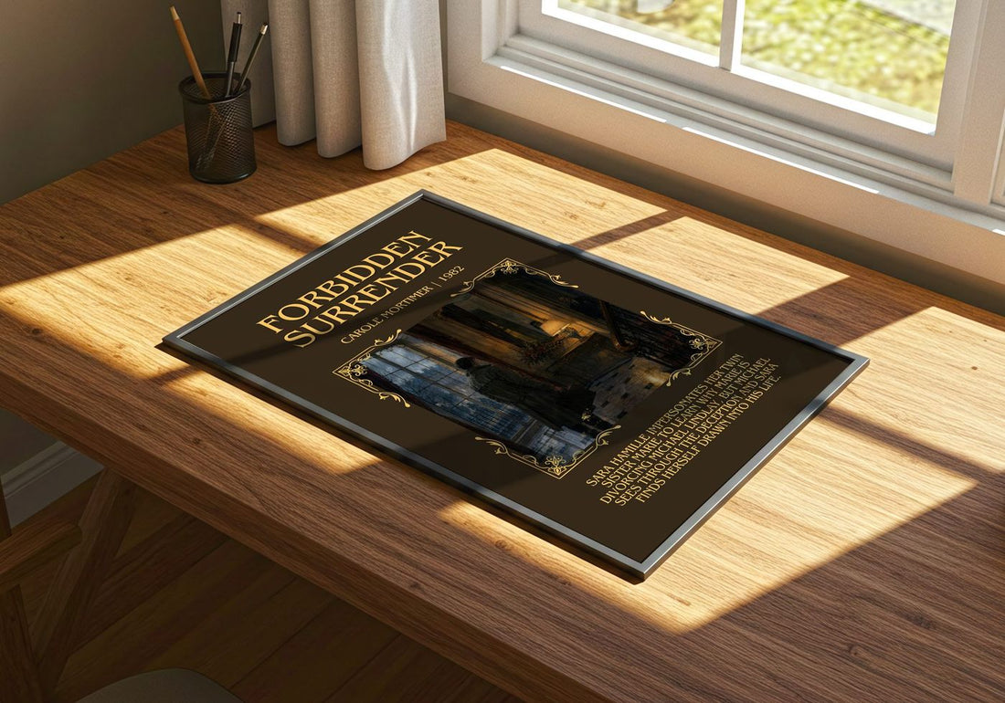Forbidden Surrender Minimalist Book Poster by Carole Mortimer – print on a sunlit desk