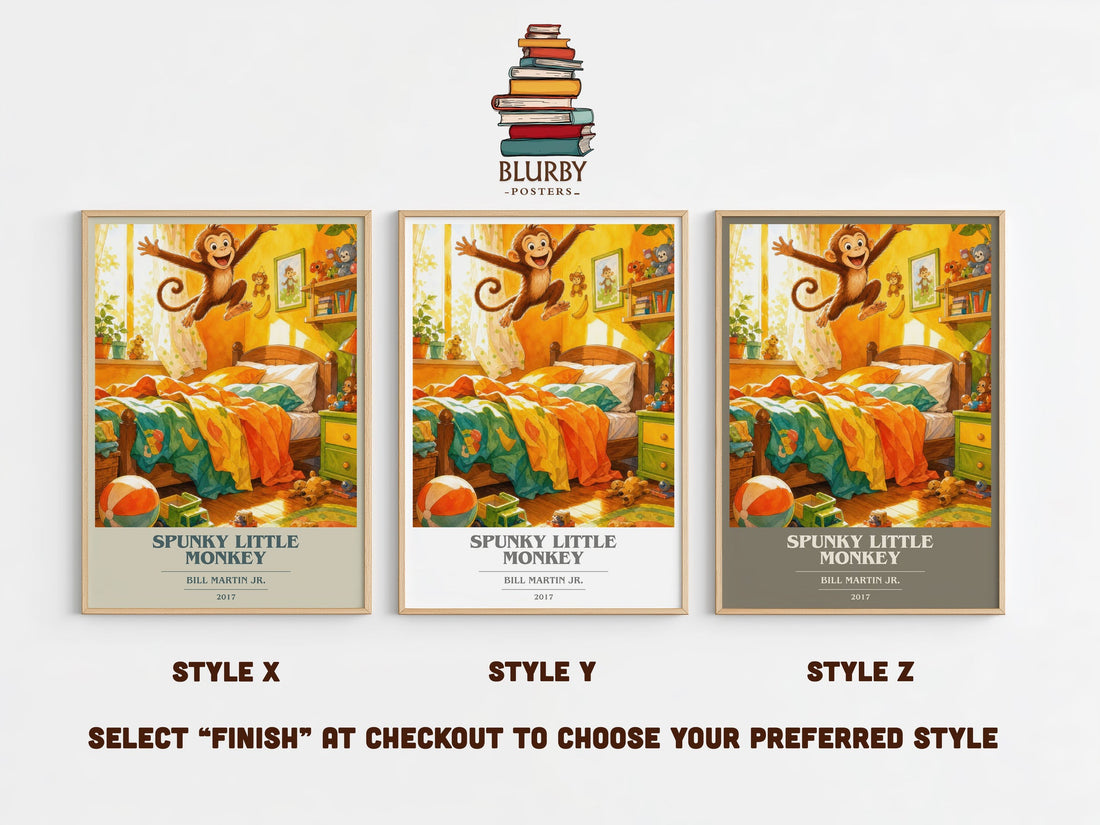 Spunky Little Monkey book cover print in frame leaning in hallway – childrens wall art (mockup)