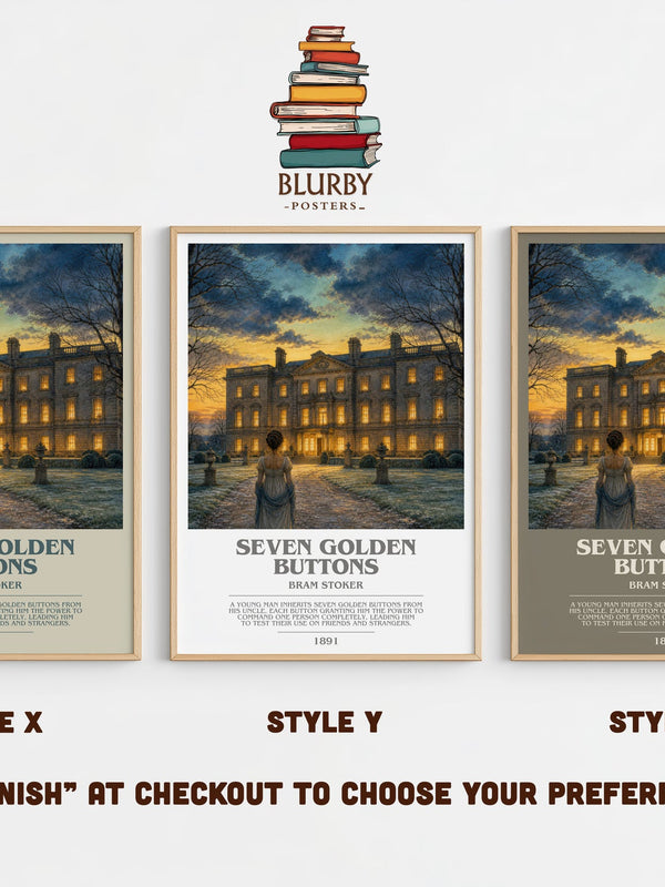 Seven Golden Buttons bookish print in frame leaning in hallway – gothic wall art
