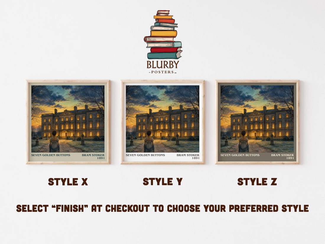 Seven Golden Buttons literary print in frame leaning in hallway – gothic wall art (mockup)