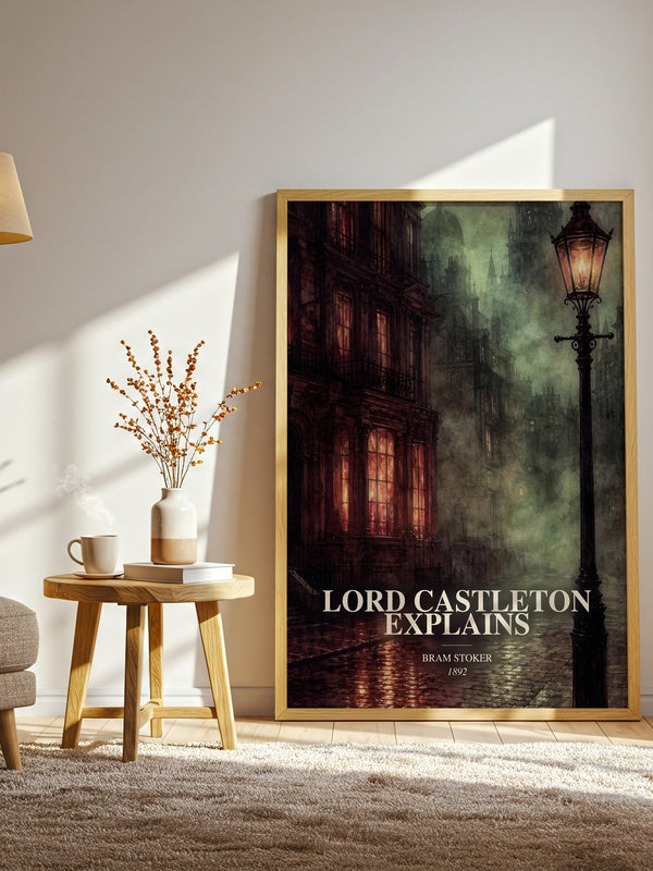 Lord Castleton Explains watercolour print in frame leaning in hallway – gothic wall art